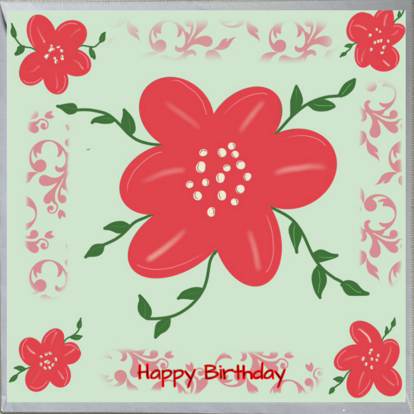 Red Flower Design Birthday Card