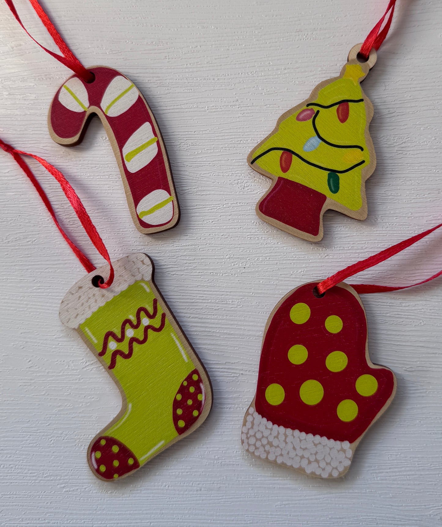 Wooden Christmas Decorations, Boxed set of 4 Cookie designs