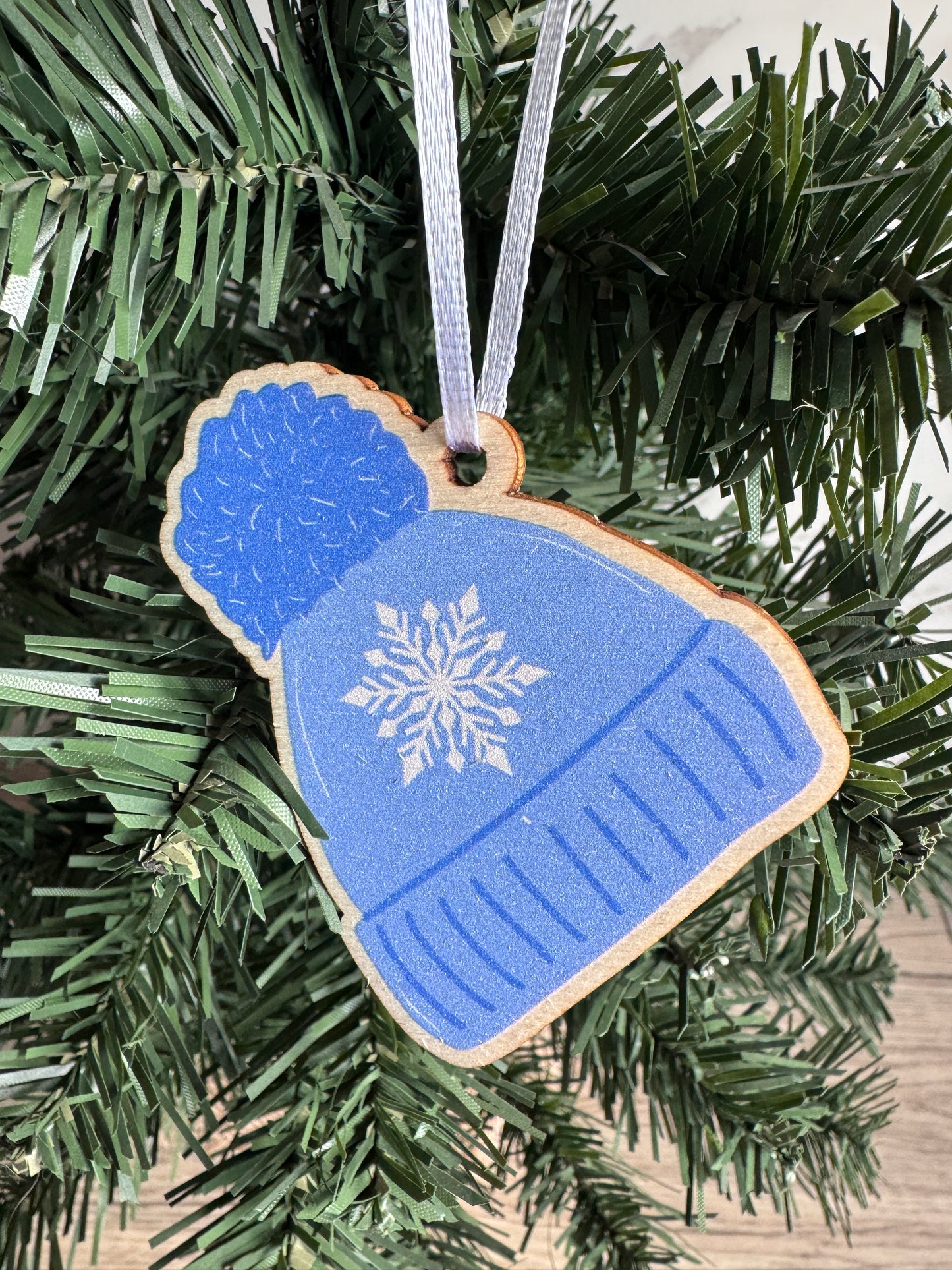 Wooden Christmas Decorations, Boxed set of 4 Winter Woollies designs