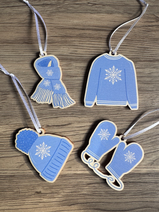 Wooden Christmas Decorations, Boxed set of 4 Winter Woollies designs