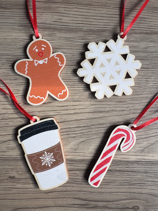 Wooden Christmas Decorations, Boxed set of 4 Christmas designs