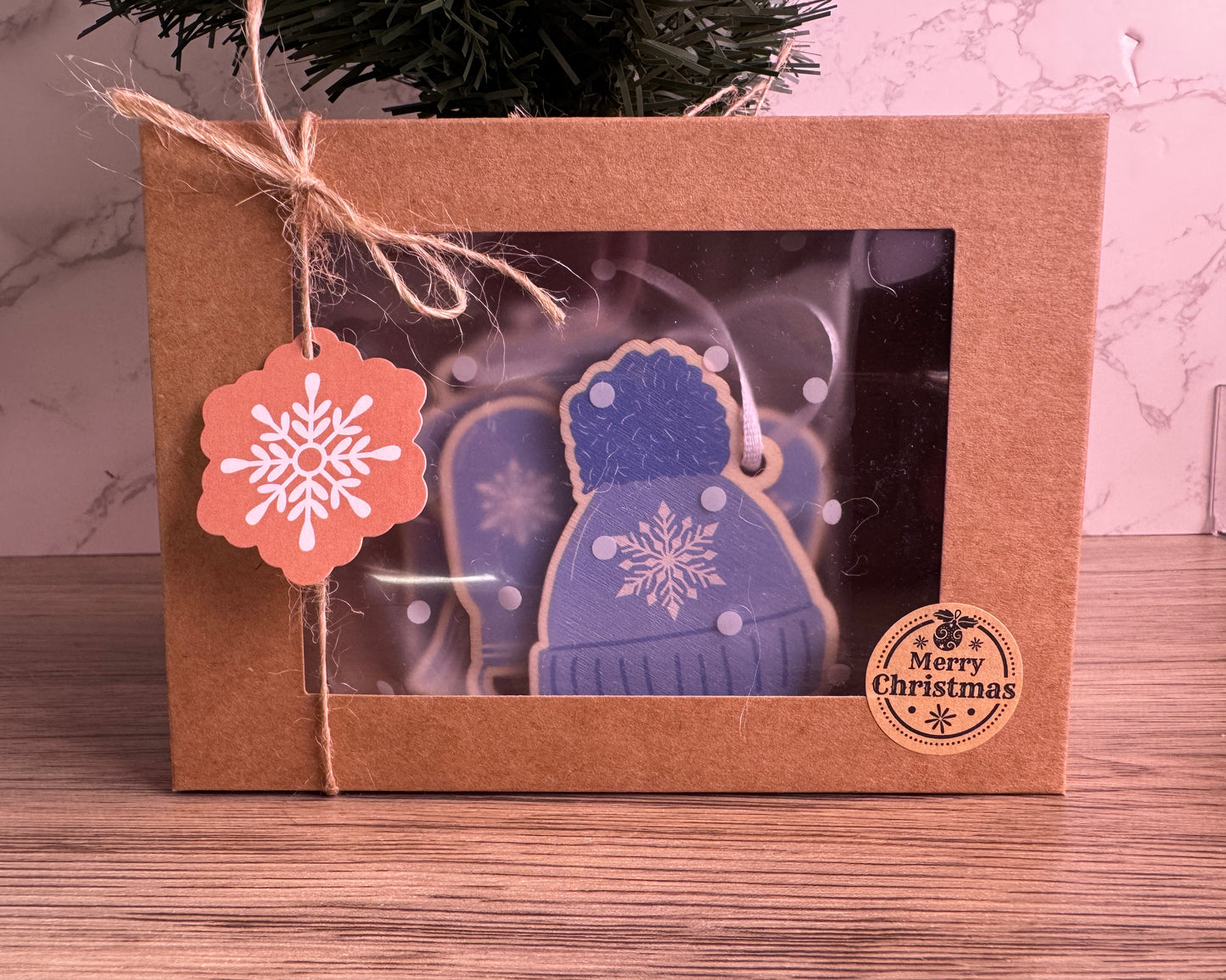 Wooden Christmas Decorations, Boxed set of 4 Winter Woollies designs