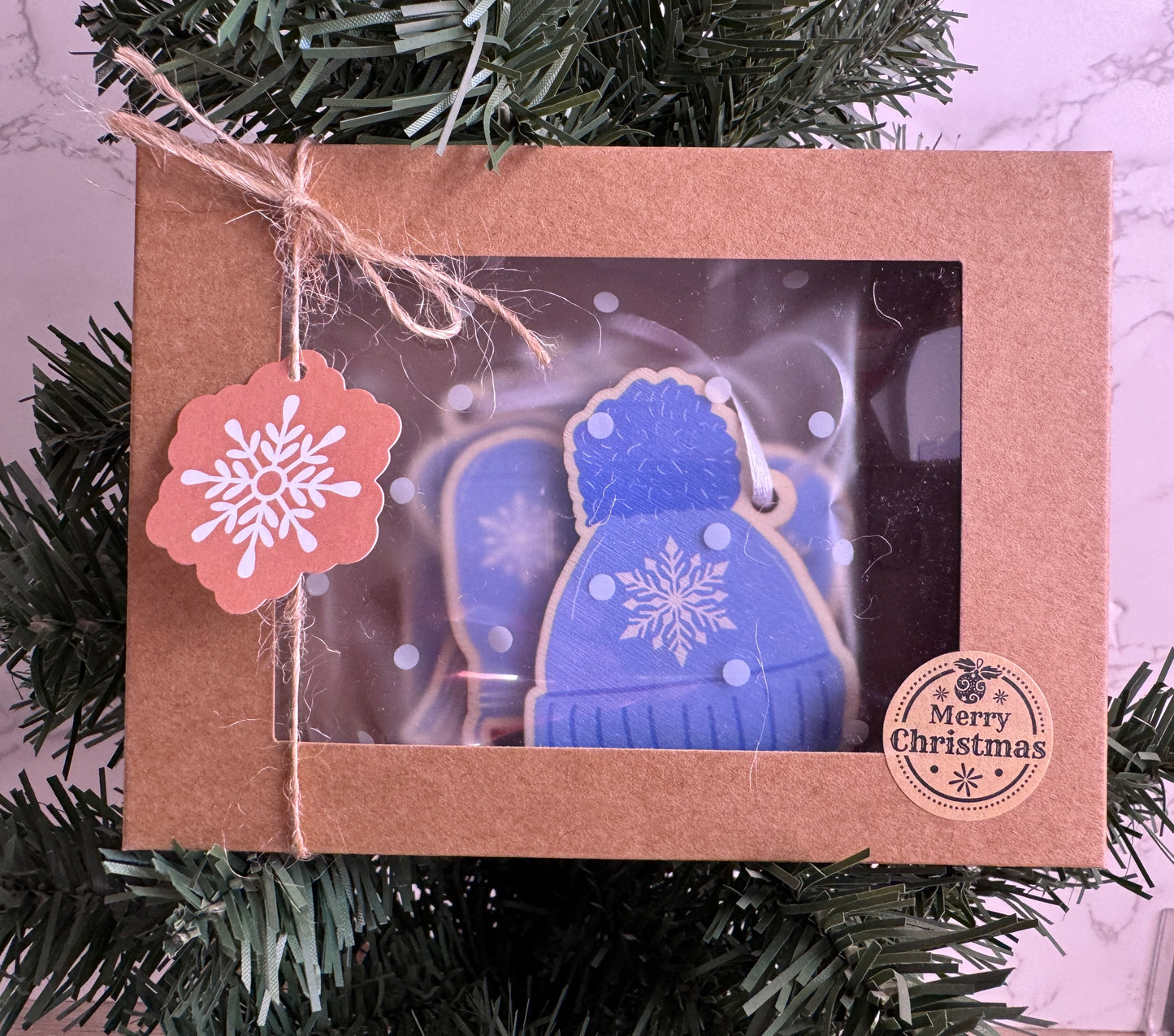 Wooden Christmas Decorations, Boxed set of 4 Winter Woollies designs